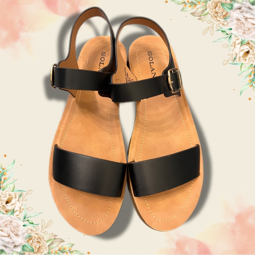 Solanz Size 8 NWT Women’s Black & Khaki Strappy Sandals/ New Shoes